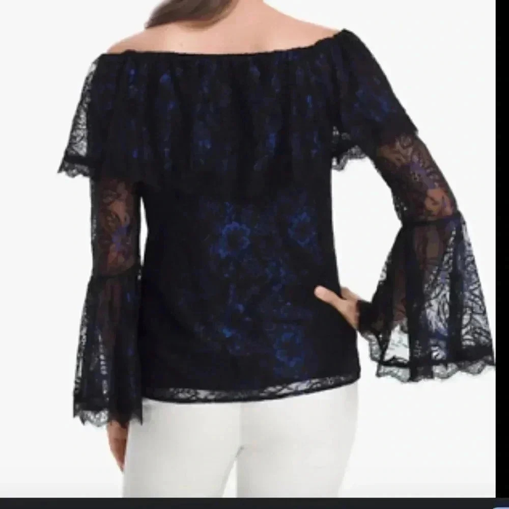 White house black market blue lace off the shoulder bell Sleeve top blouse